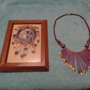 ETHNIC PURPLE GOLD NECKLACE NATIVE WOLF PICTURE LOT